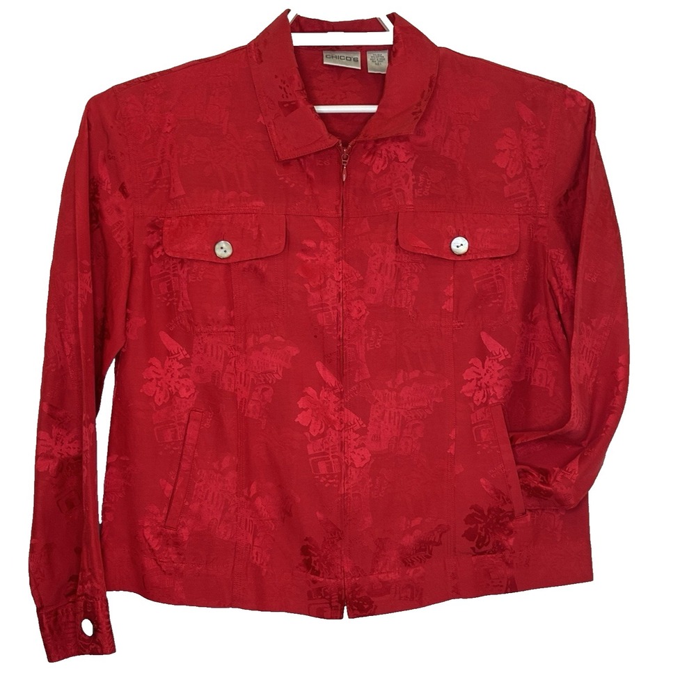 Chico's Silk Blend Full Zip Jacket Womens Sz 1 Red Embossed Long Sleeve Collared